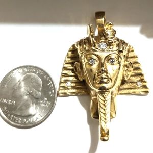 14k 17 Grams Solid Gold King Tut Pendant. Diamond Accents. Vintage